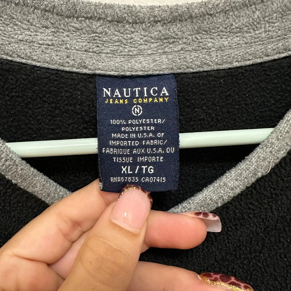 Nautica Jeans Company Vintage Men's‎ Black Fleece V-Neck Pullover Sweater XL